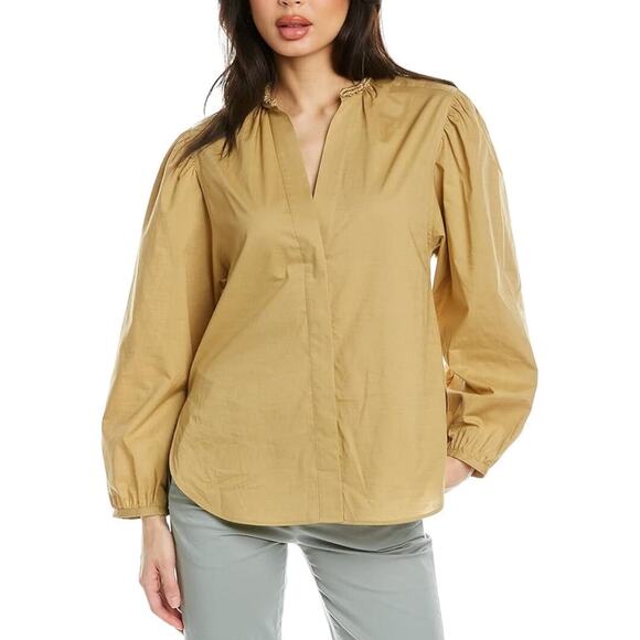 VINCE Women’s Braid Trim Band Collar Long Sleeve Blouse Mustard large - Picture 1 of 5